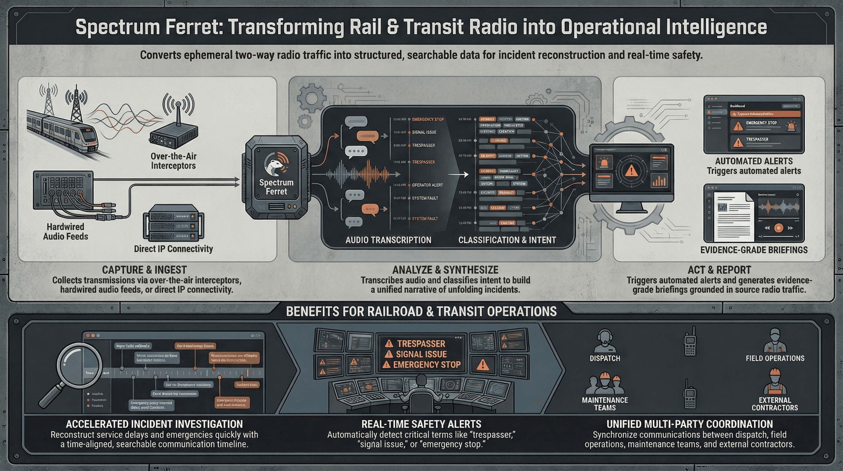 Railroad communications integration infographic for Spectrum Ferret