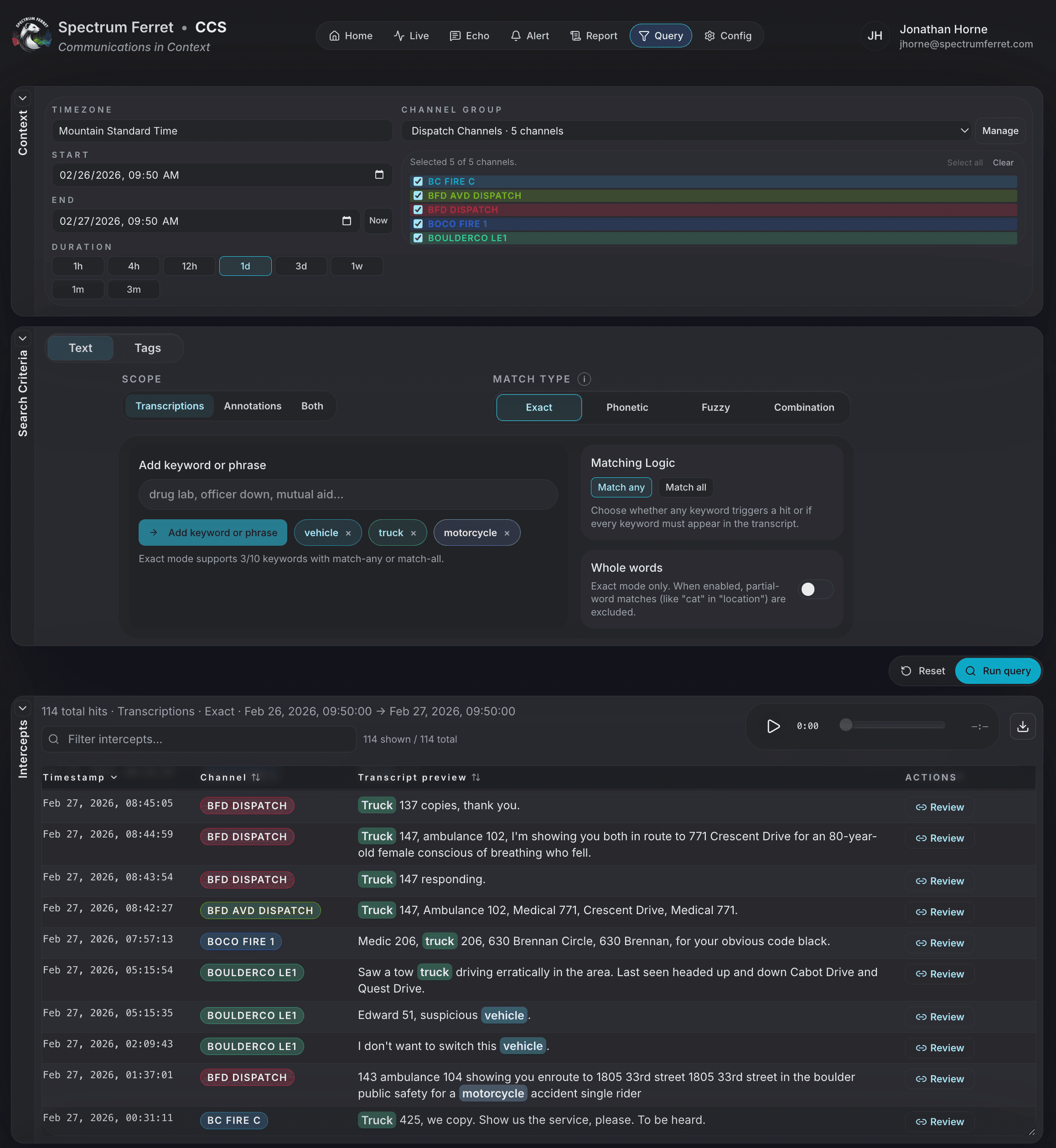 Query interface screenshot showing search filters and source-linked results