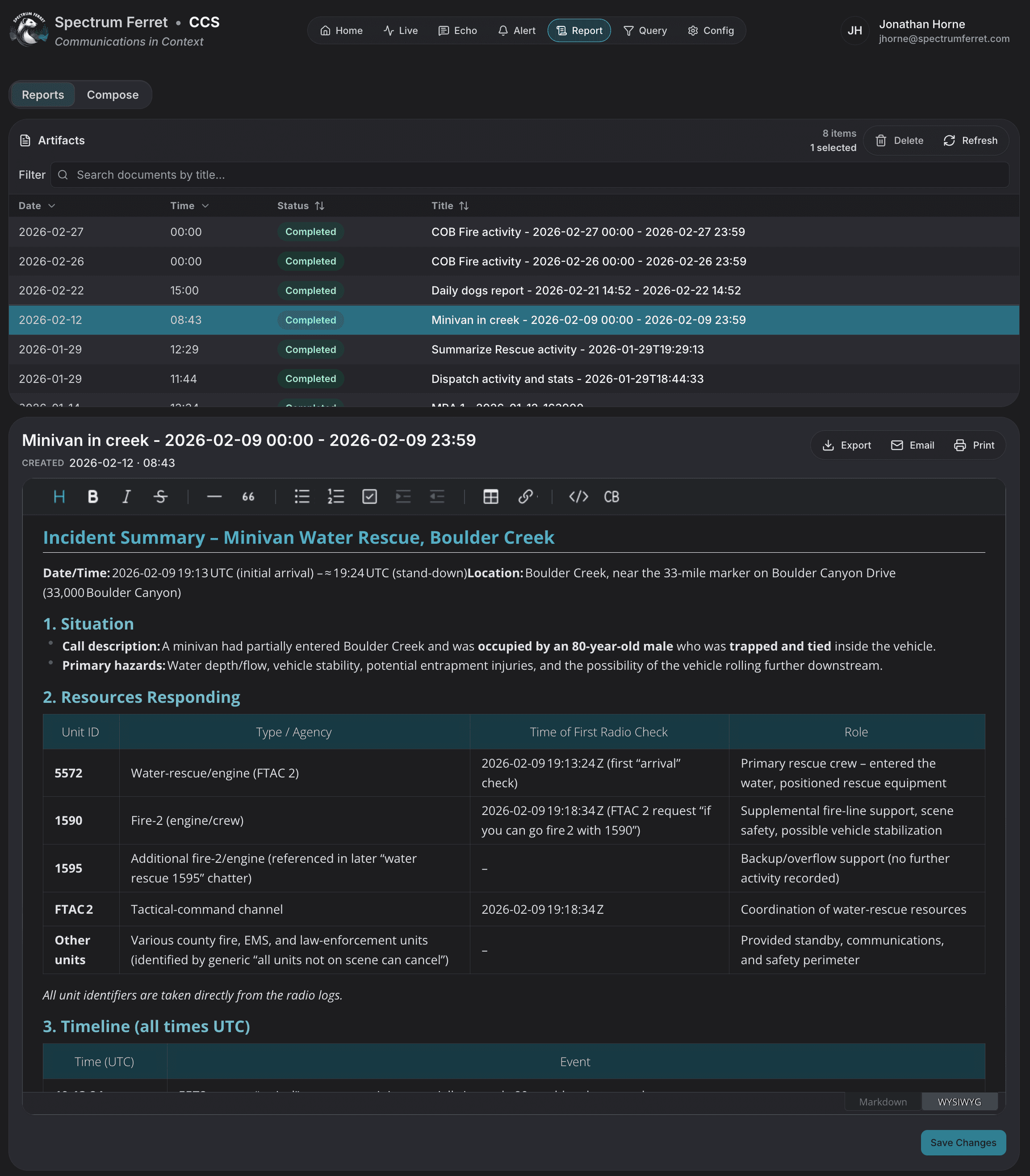 Reporting interface screenshot